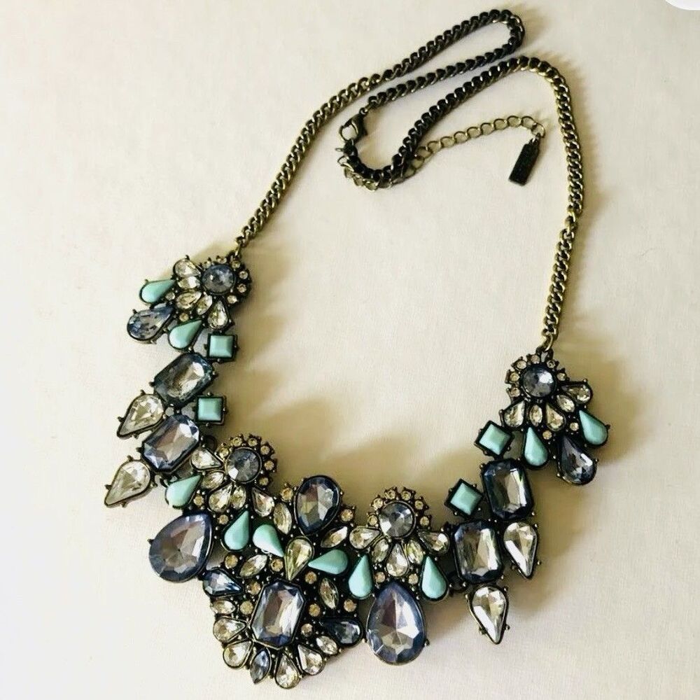 BaubleBar Blue Crystal Statement Bib Necklace Gold Tone 16” Adjustable